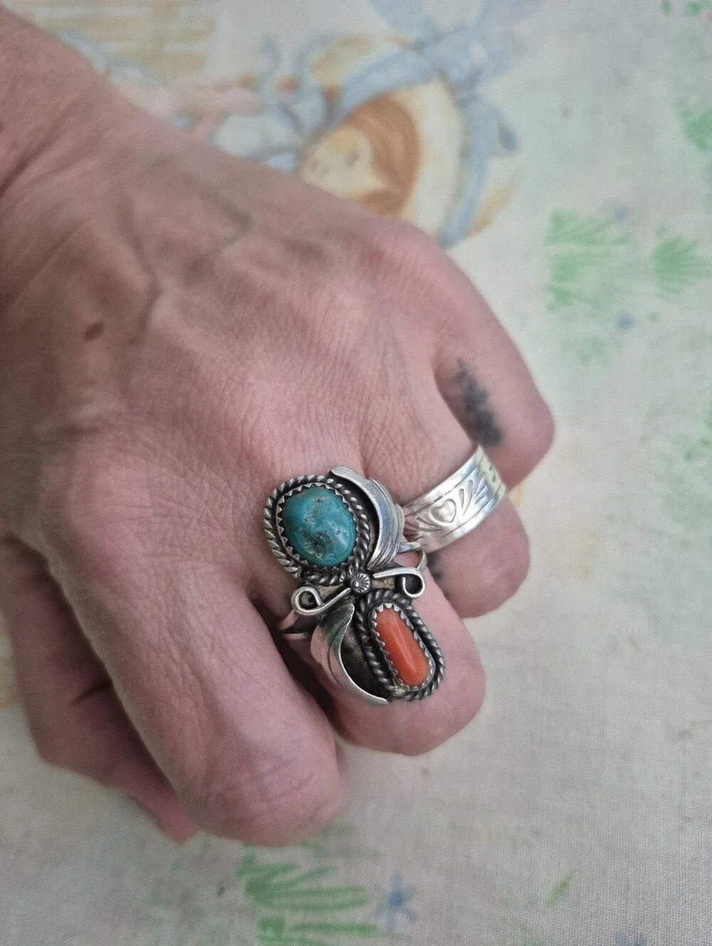 🌙Vintage Navajo Sterling Silver Turquoise & Coral Statement Ring
